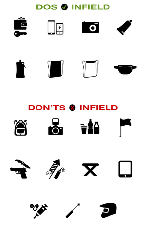 Rock am Ring Infield Do's and Don'ts: Kleine Taschen, Handys und Kameras erlaubt, große Rucksäcke, Getränke und Waffen verboten