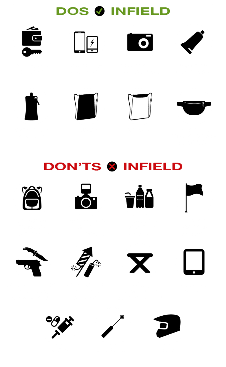 Dos & Don'ts Infield DE Rock am Ring Infield Do's and Don'ts: Kleine Taschen, Handys und Kameras erlaubt, große Rucksäcke, Getränke und Waffen verboten